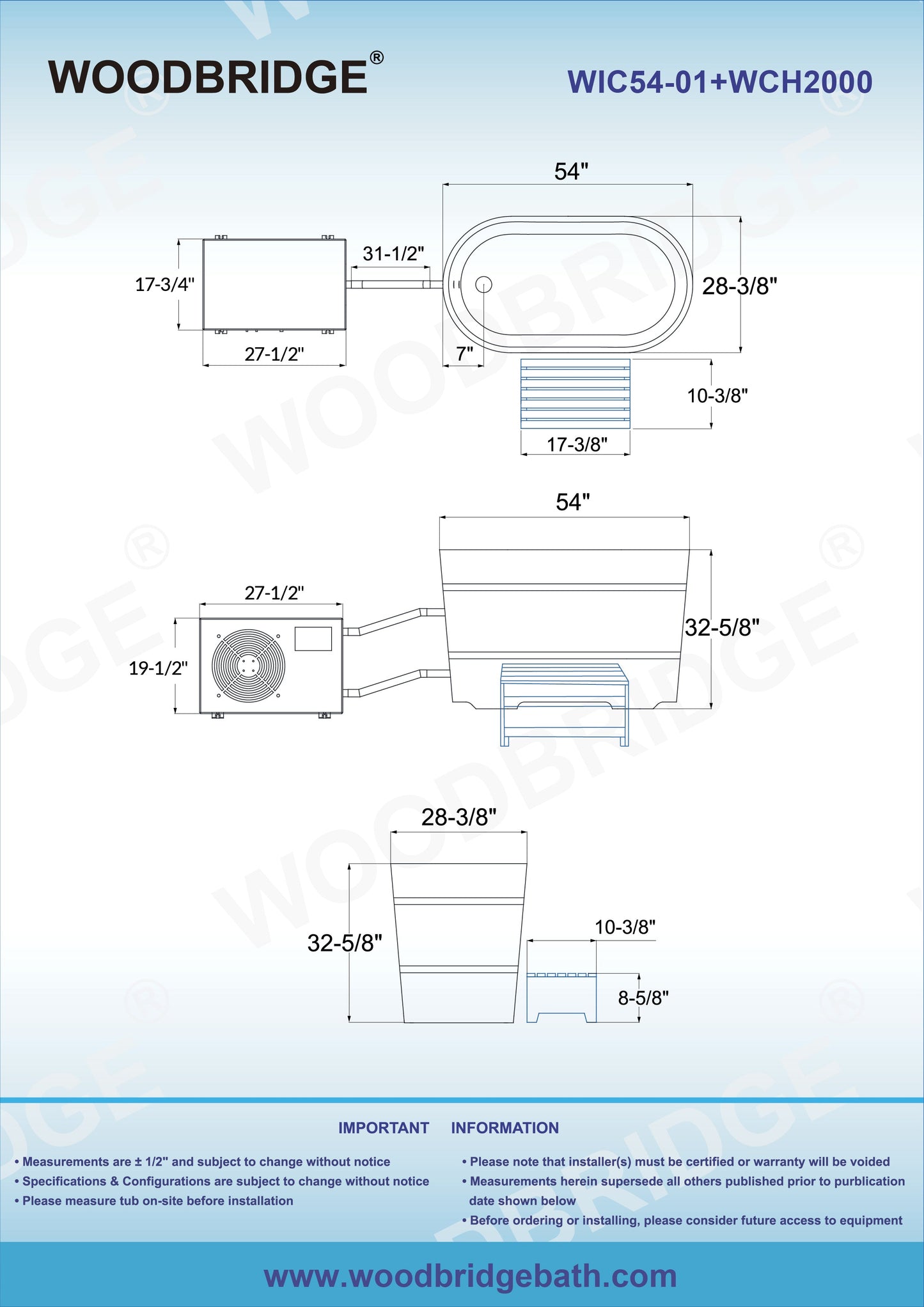WOODBRIDGE 54" Cold Plunge Tub with 1.3 HP High-Performance Cooling and Heating Chiller in White, Ozone sanitation, Filter circulation system, Insulated Tub Lid, Wood Stool, Wood Seat