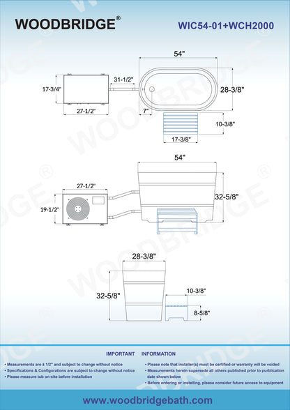 WOODBRIDGE 54" Cold Plunge Tub with 1.3 HP High-Performance Cooling and Heating Chiller in White, Ozone sanitation, Filter circulation system, Insulated Tub Lid, Wood Stool, Wood Seat