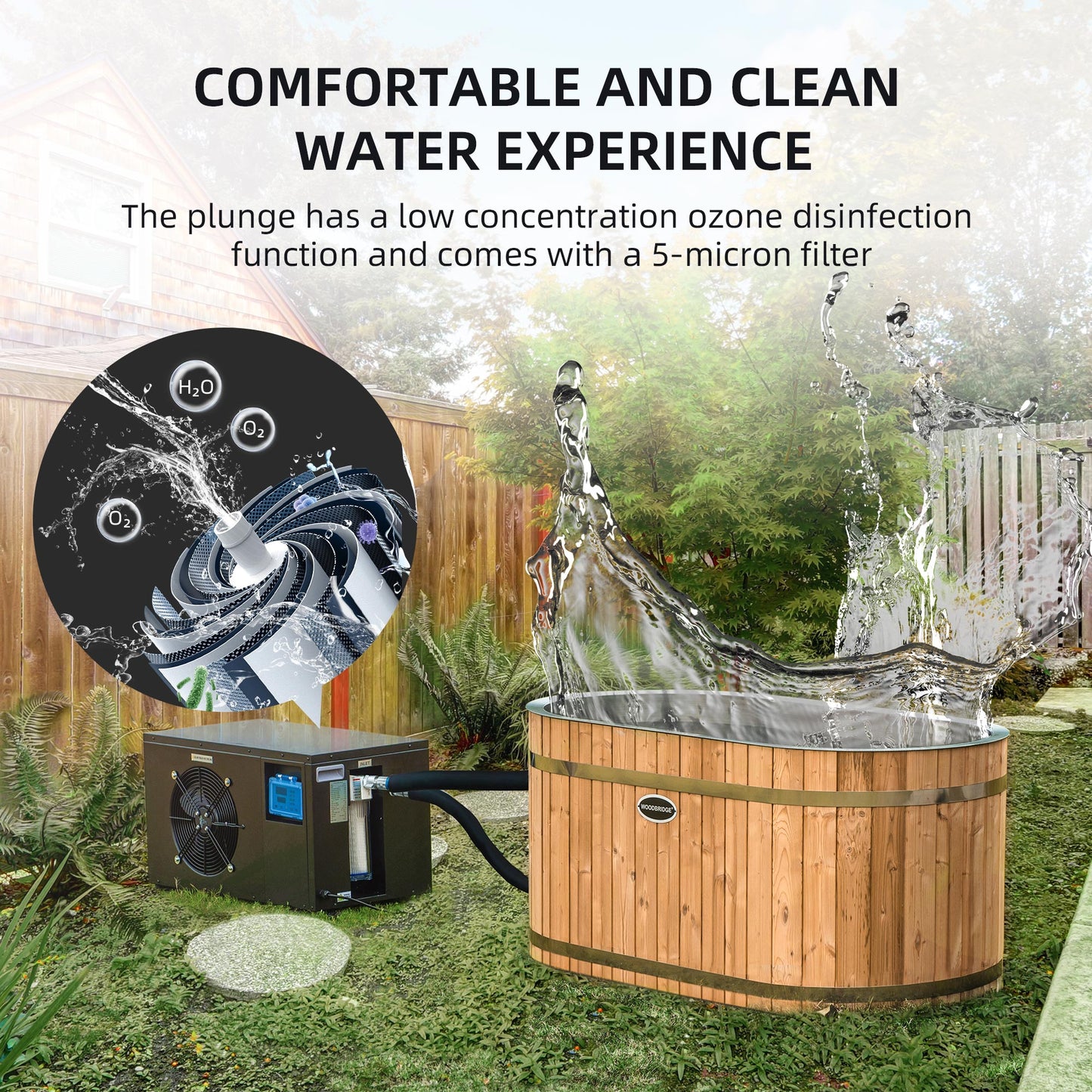 WOODBRIDGE 59" Luxury Cold Plunge Ice Tub with Chiller and Heater, Stainless Steel Liner, Ozone sanitation, Filter circulation system, Insulated Tub Lid, Wood Stool, Wood seat and Chrome Pop-Up Drain