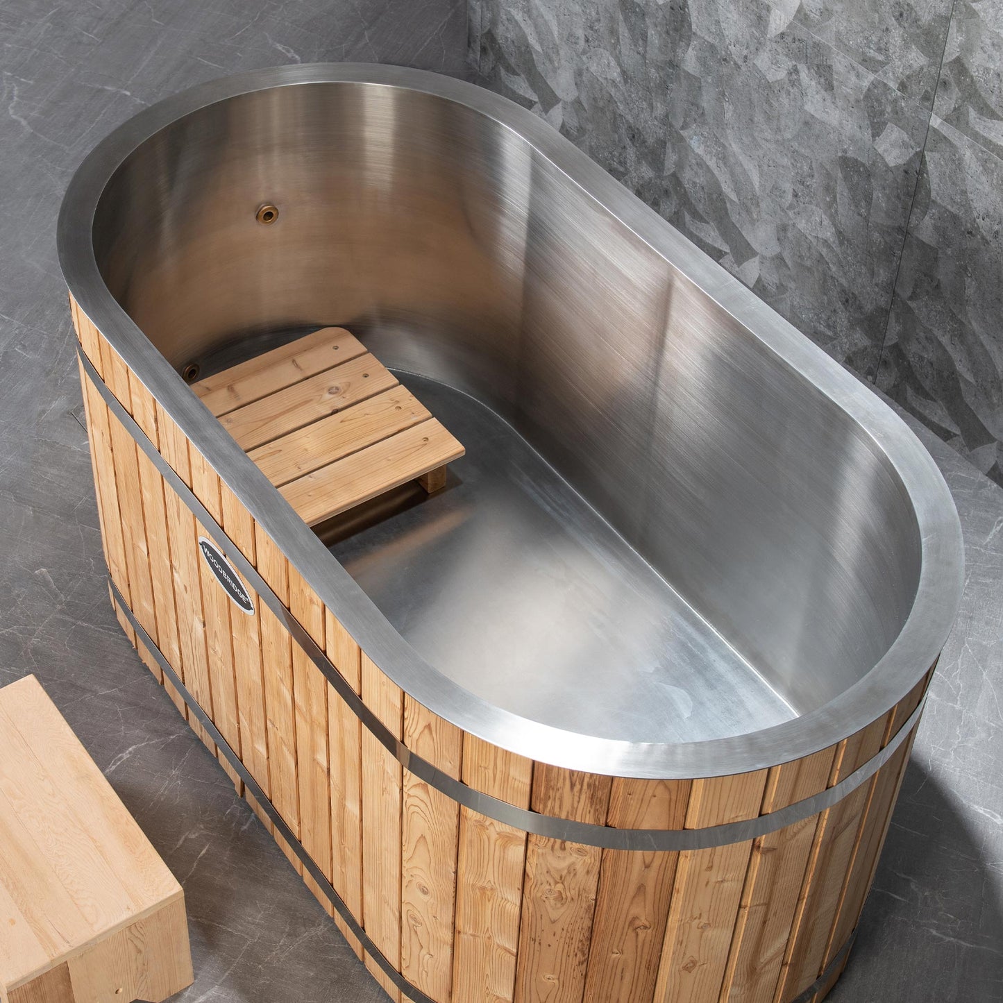 WOODBRIDGE 59" Luxury Cold Plunge Ice Tub with Chiller and Heater, Stainless Steel Liner, Ozone sanitation, Filter circulation system, Insulated Tub Lid, Wood Stool, Wood seat and Chrome Pop-Up Drain