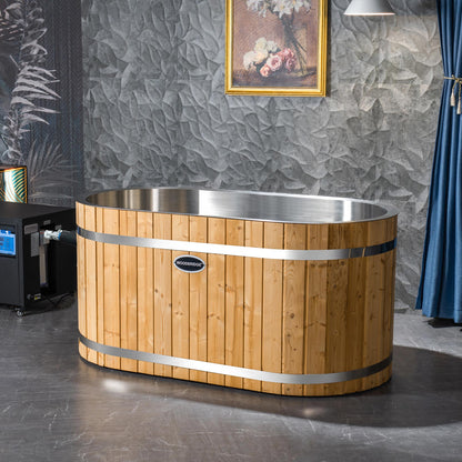 WOODBRIDGE 59" Luxury Cold Plunge Ice Tub with Chiller and Heater, Stainless Steel Liner, Ozone sanitation, Filter circulation system, Insulated Tub Lid, Wood Stool, Wood seat and Chrome Pop-Up Drain