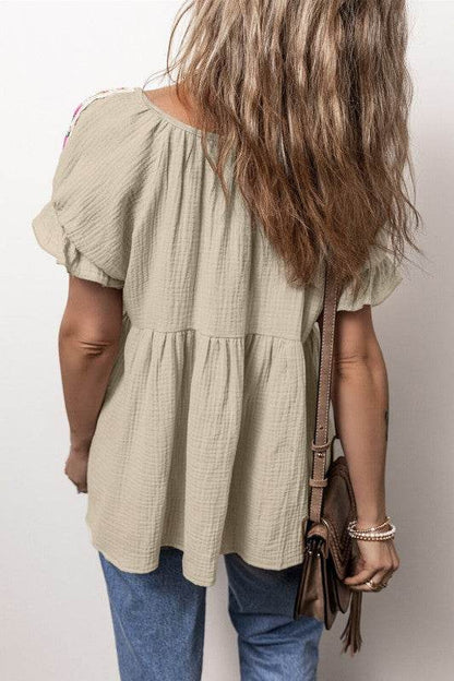 Milana Crinkle Embroidered Patched Bubble Sleeve T