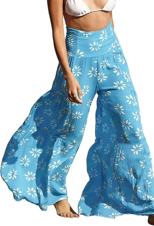 High Waist Wide Leg Pant for Women Summer Casual Boho Floral Beach Pants Bohemian Belted Trousers