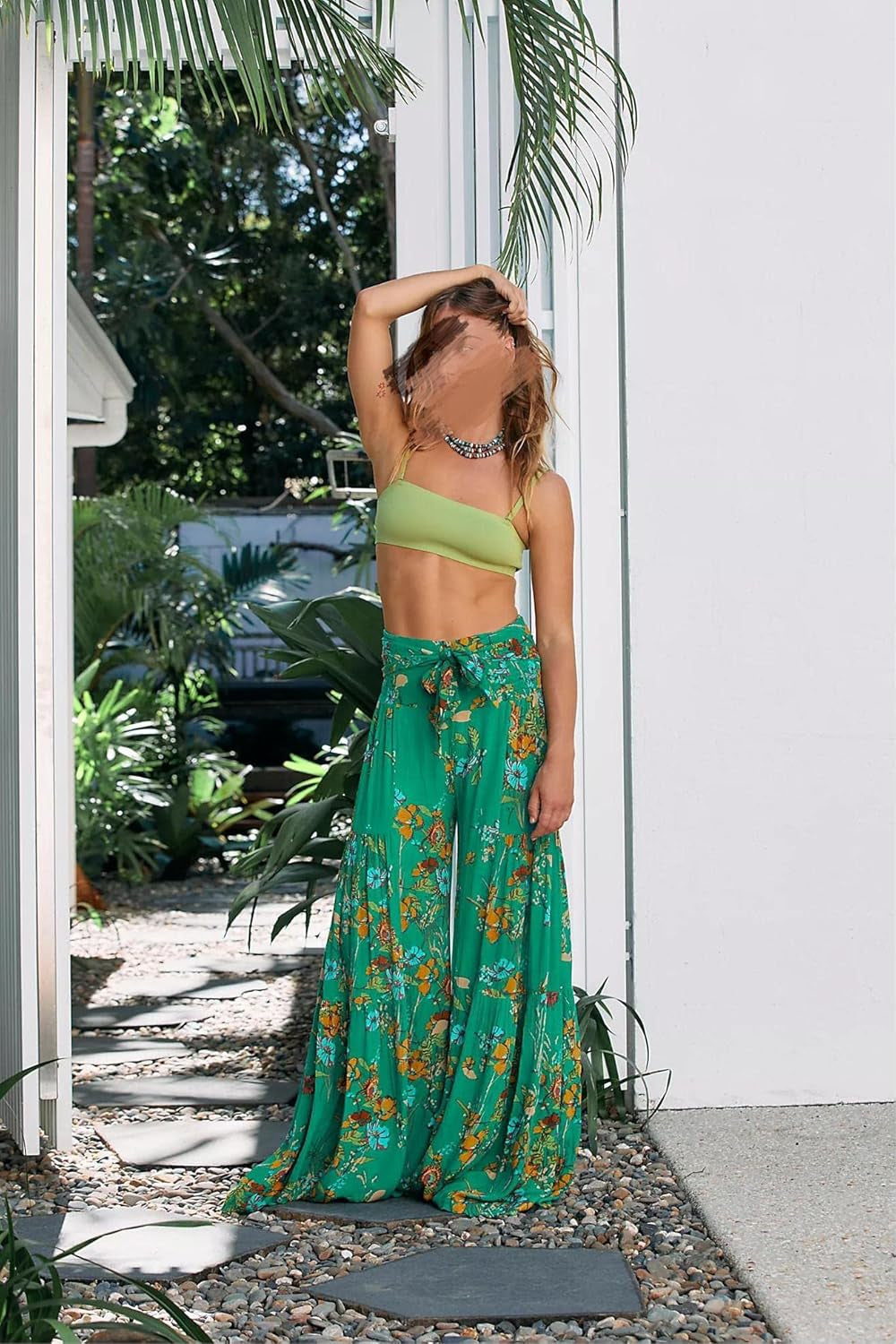 Women Beach Flared Palazzo Pants Summer Casual Loose Wide Leg Belted Boho Pants（Green, Small