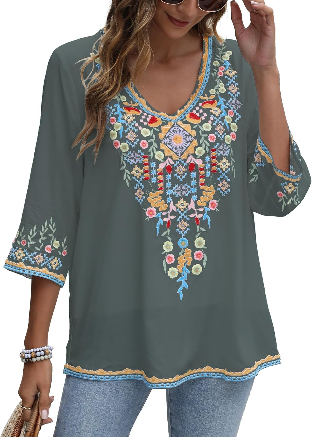 Mexican Embroidered Shirts for Women Bohemian Tops Peasant 3/4 Sleeve V Neck Shirt Tunic Blouses