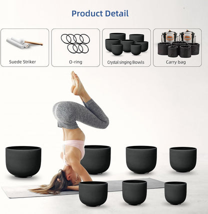 7-12 Inch Black 7 Crystal Singing Bowl Set Frosted Quartz Crystal Sound Therapy Kit with Mallets 2 Cases O-Ring for Yoga Meditation Energy Balancing Reiki Healing