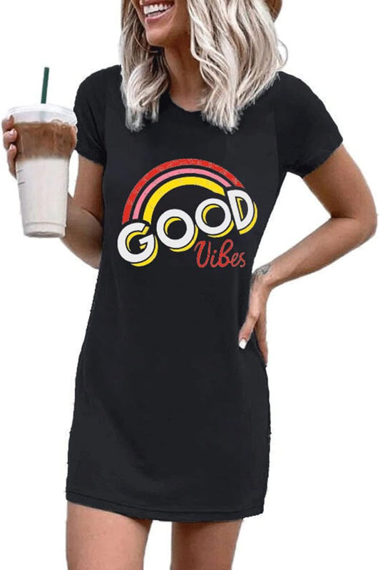 Women'S Funny Graphic Tee Shirt Dress Crew Neck Short Sleeve Long Tunic Tops Blouse