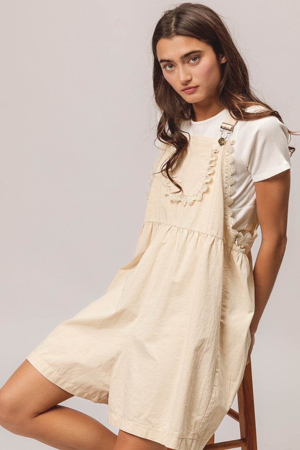 Bibi Back Patch Pocket Lace Trim Rompers