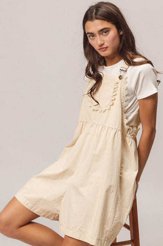 Bibi Back Patch Pocket Lace Trim Rompers