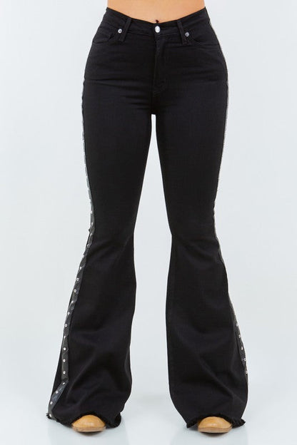 Black Flare Jeans with Studded Side Trim