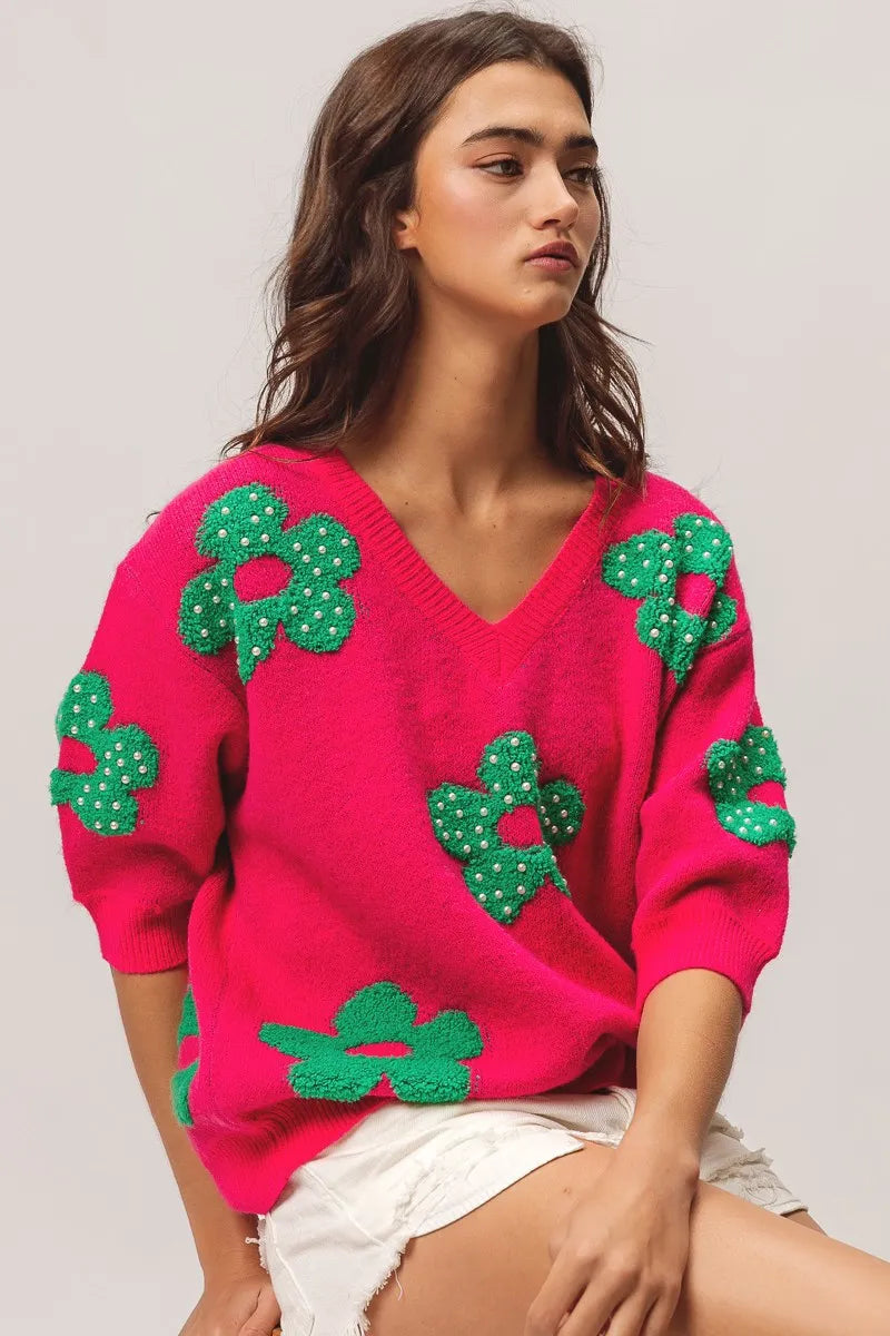 Pearl Beads Flowers Sweater Top