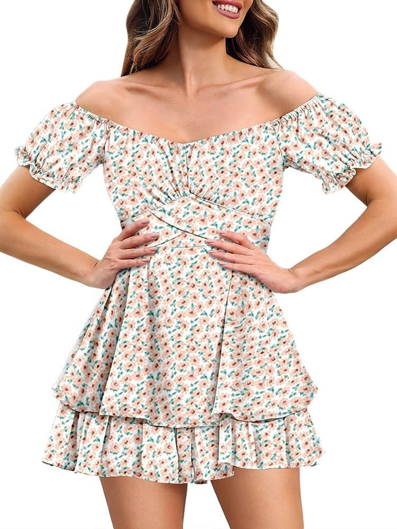 Women Boho off Shoulder Romper Floral Print Tie Back Ruffle Hem Chiffon Short Jumpsuit