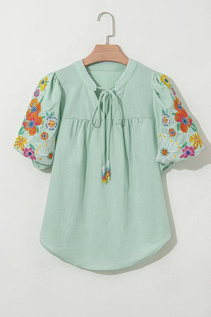 Reya Floral Embroidered Puff Sleeve Split Neck Blo