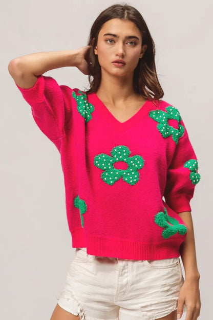 Pearl Beads Flowers Sweater Top