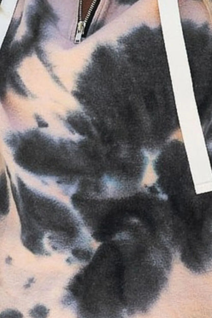 BiBi Tie Dye Brushed Terry Hoodie with Zip Up Closure in Peach
