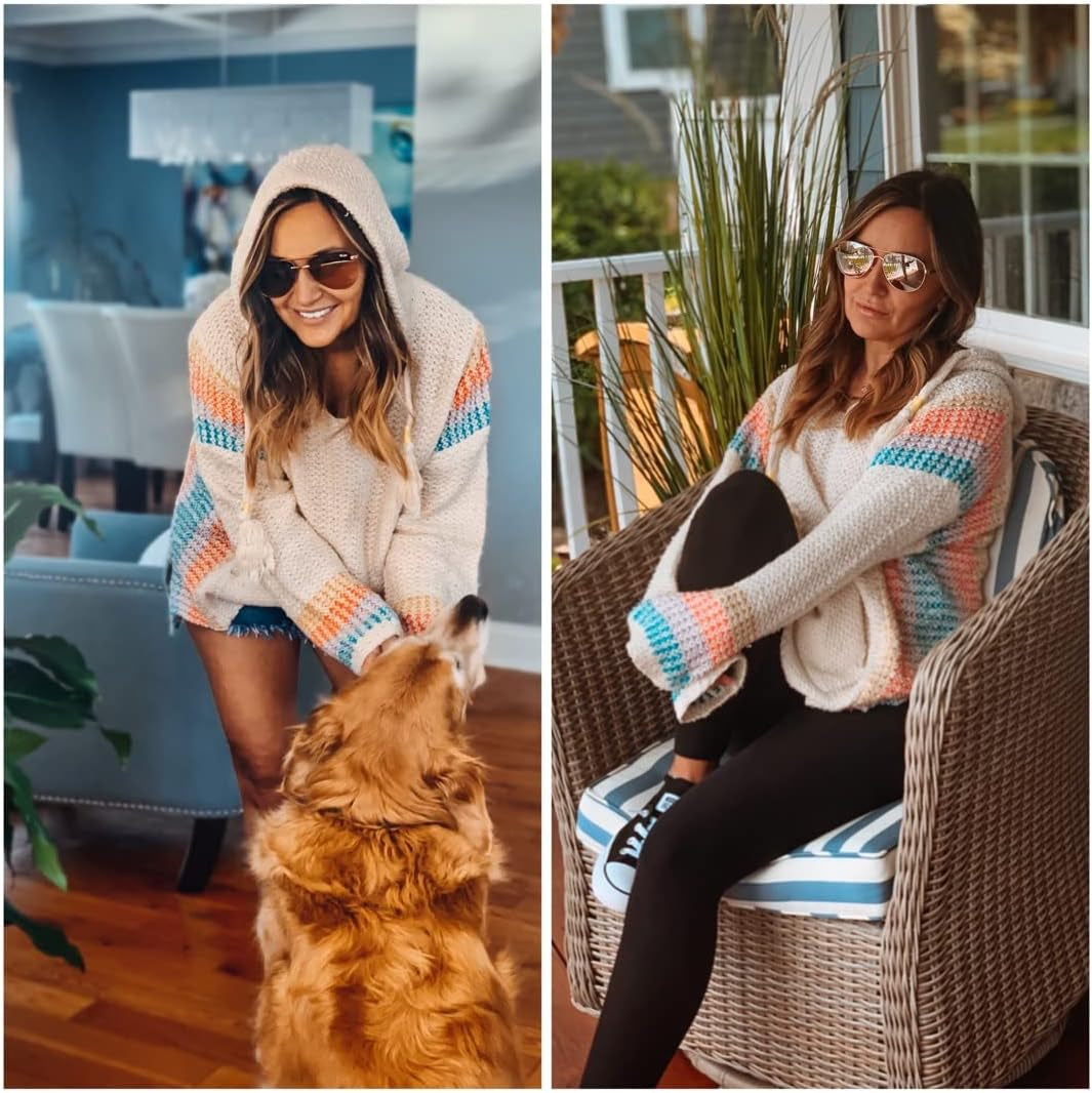 Women Boho Sweater Hooded Hoodie Baja Colorblock Pullover Striped V Neck Mexican Knit Christmas Sweatshirt