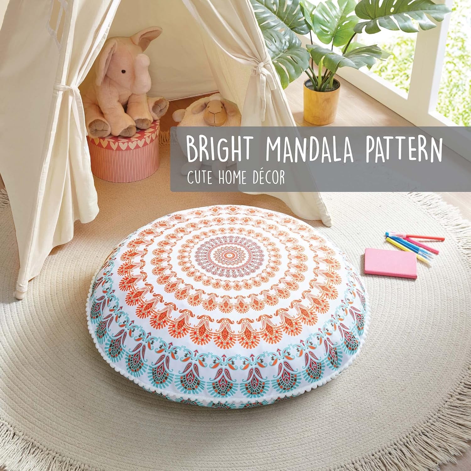 Boho Large round Floor Pillow, Oversized Mandala Meditation Pillows for Adults, Cozy Big Seating Cushion for Kids Teepee Reading Nook Playroom, Insert with Cover, Coral, 32 Inch Diameter