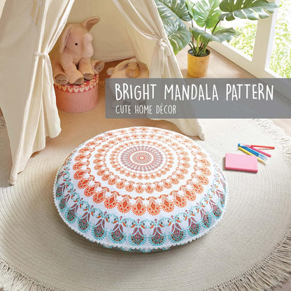Boho Large round Floor Pillow, Oversized Mandala Meditation Pillows for Adults, Cozy Big Seating Cushion for Kids Teepee Reading Nook Playroom, Insert with Cover, Coral, 32 Inch Diameter
