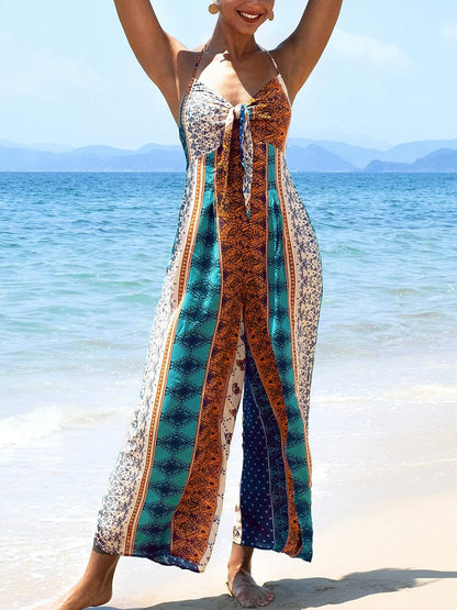 Women'S Lace up Wide Leg Halter Boho Print Floor Length Jumpsuit