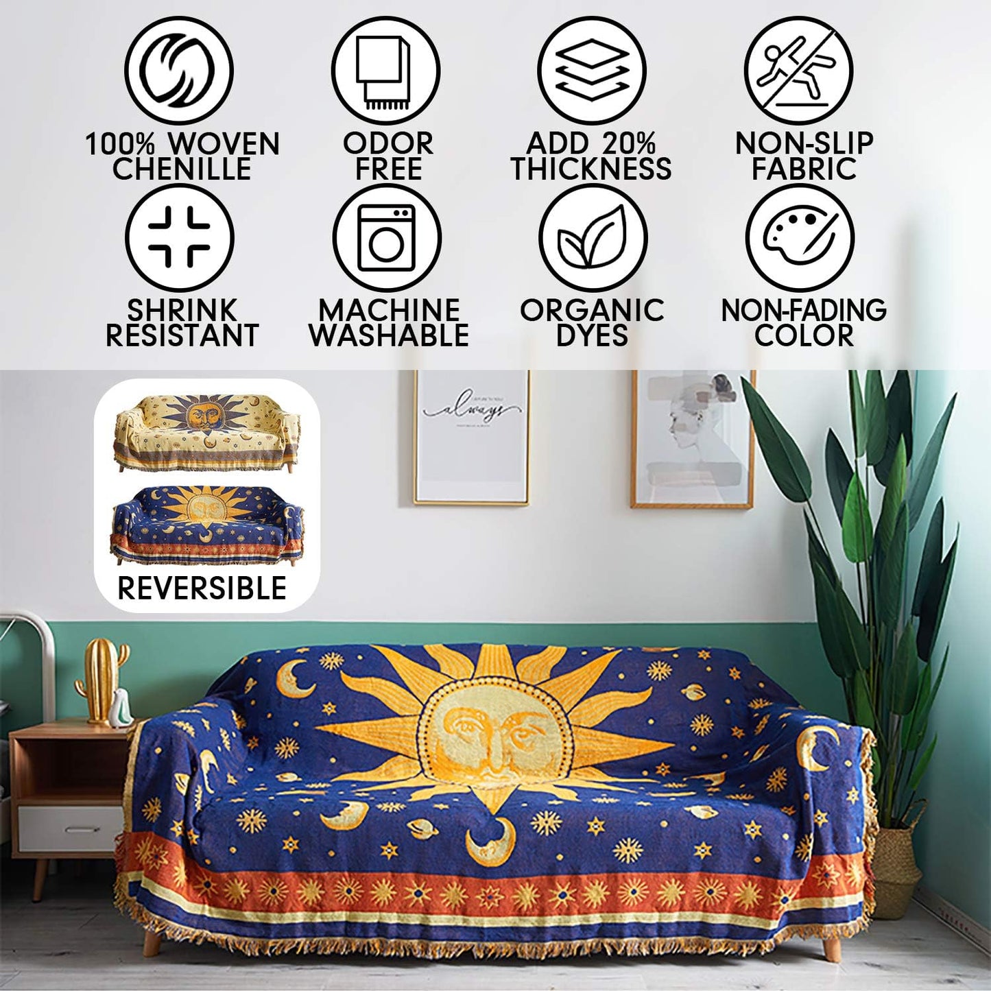 Sun and Moon Stars Hippie Throw Blanket Celestial Tapestry Double-Sided Reversible Woven Cotton Home Decor Bedding Chair Couch Recliner Cover Loveseat Rug Oversized Tassels Blue Yellow (91X71)