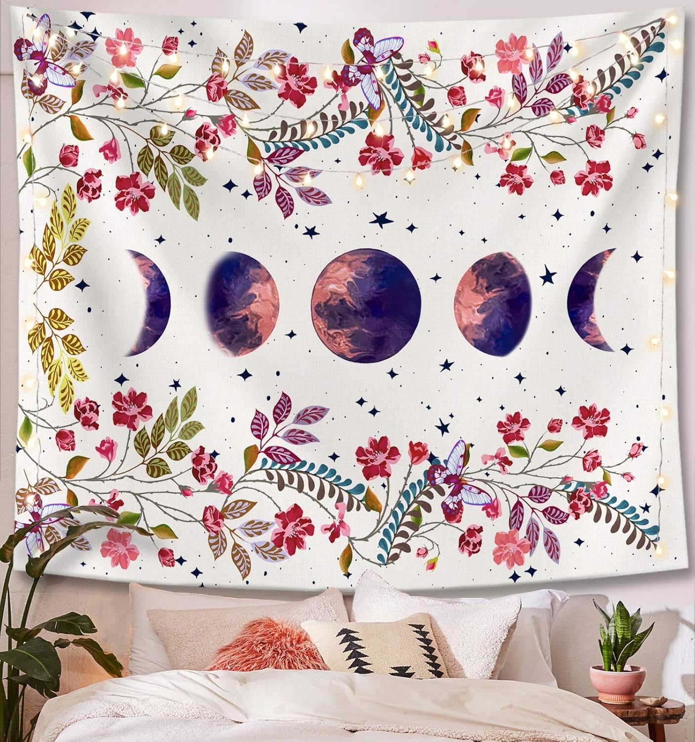 Moonlit Garden Tapestry, Moon Phase Surrounded by Vines and Flowers White Wall Decor Tapestry 44×60 Inches