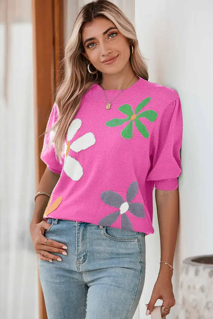 Bright Green 60s Floral Bubble Short Sleeve Knitted Top