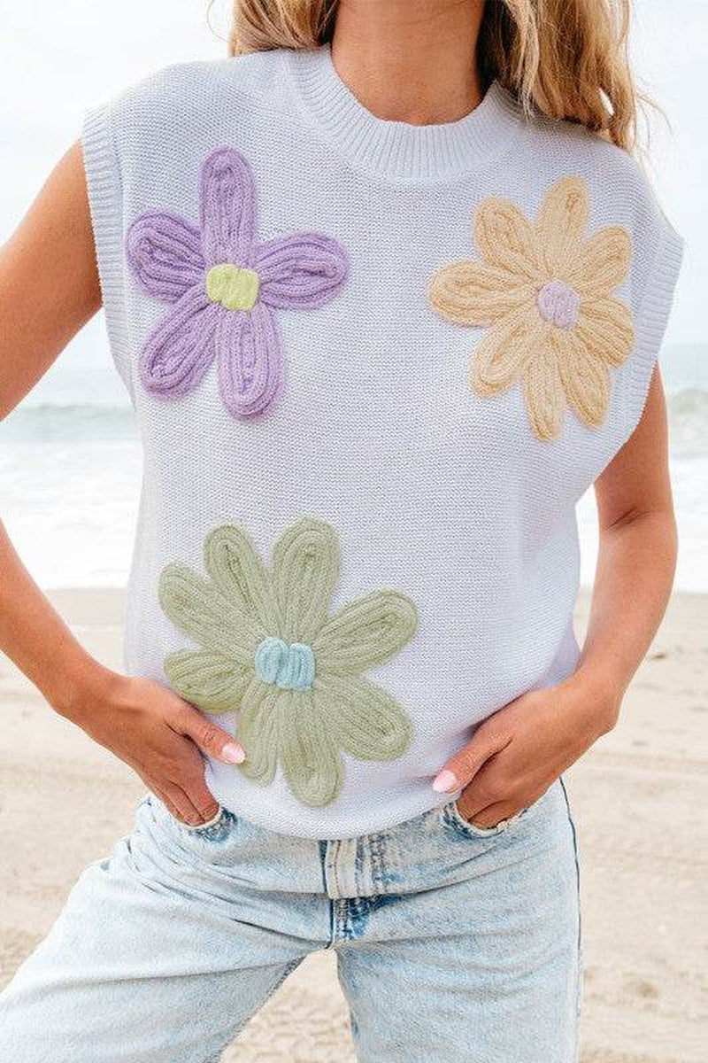 Hannah Crochet Flower Knit Short Sleeve Sweater To