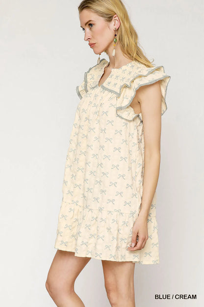Bow Print Ruffled Cap Sleeve Mini Dress