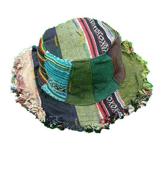 Frayed Brim Patchwork Sun Hat (Cotton & Hemp)