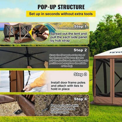Camping Gazebo Screen Tent, 12 * 12Ft, 6 Sided Pop-Up Canopy Shelter