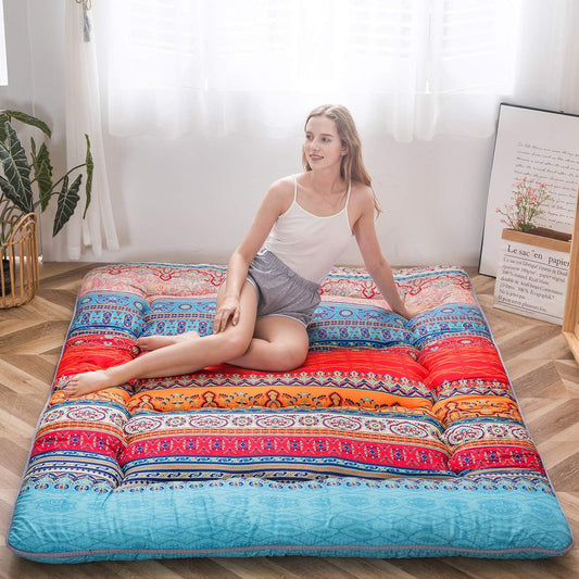 Bohemian Retro Floor Mattress Vintage Floral Japanese Futon Mattress Roll up Tatami Floor Mat Foldable Bed Portable Camping Mattress Sleeping Pad Floor Lounger Couch Bed Twin Size