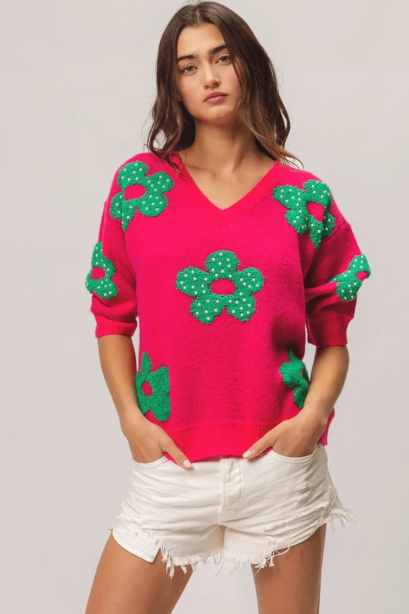 Pearl Beads Flowers Sweater Top