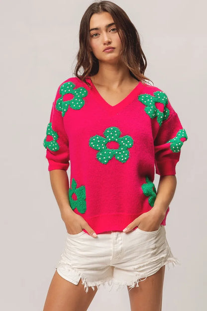 Pearl Beads Flowers Sweater Top