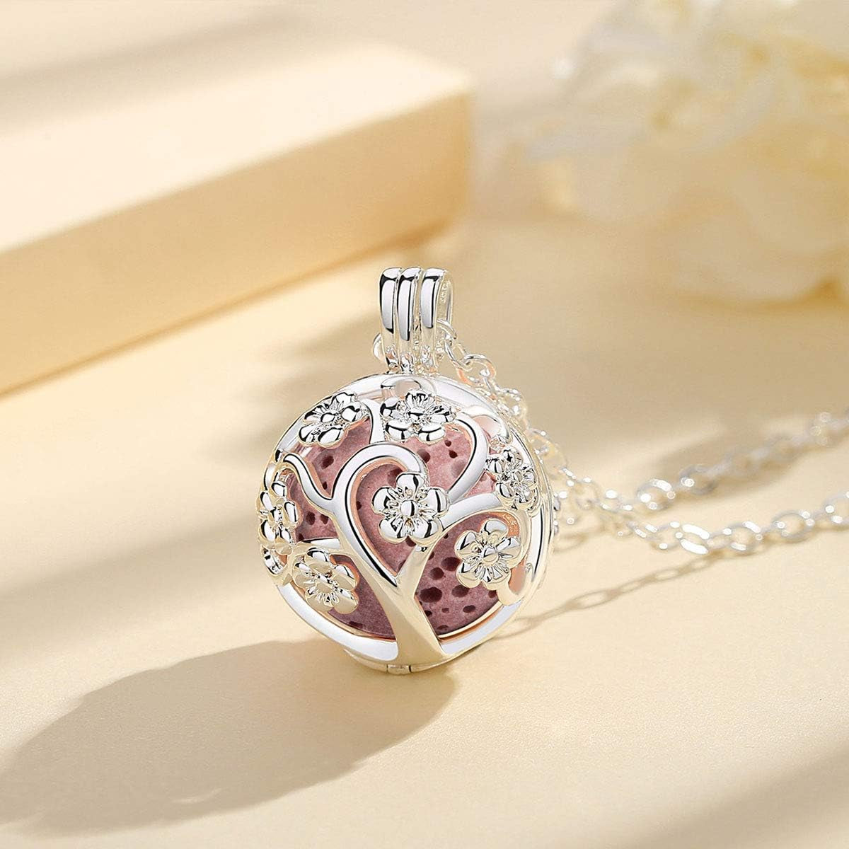 Sakura Tree Aromatherapy Necklace, Essential Oils Diffuser Locket Pendant with 7 PCS Lava Rock Stones and 24" Link Chain