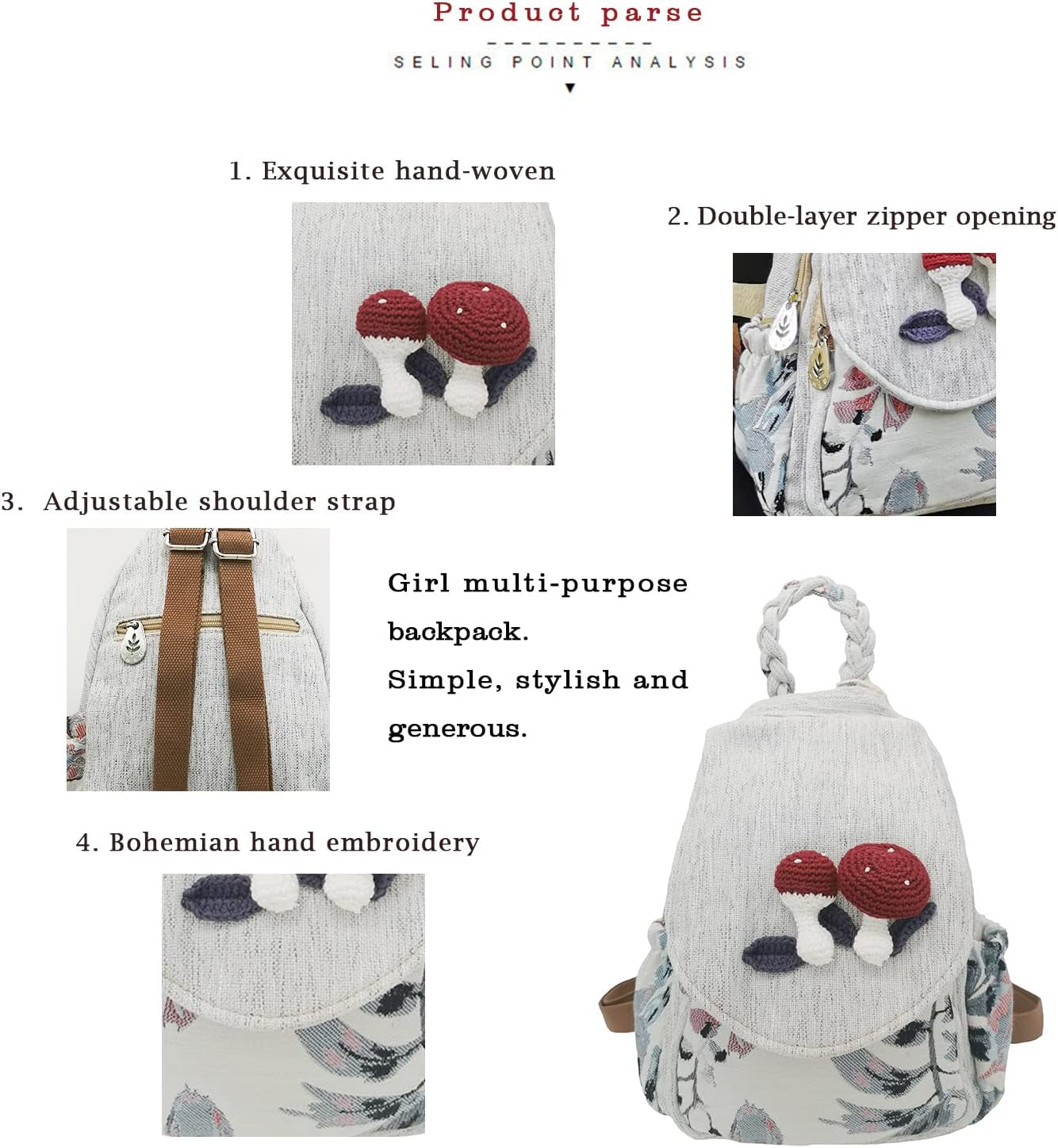 Women Cotton Woven Bohemian Hemp Boho Canvas Embroidery Multi Pocket Retro Cute Backpack Wallet Backpack（Mushroom）