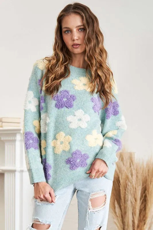 ADORA Full Size Floral Popped 2-Tone Sweater Top Plus Size in Sage