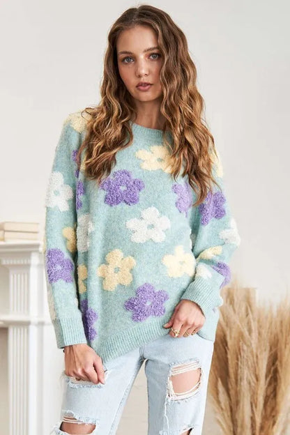ADORA Full Size Floral Popped 2-Tone Sweater Top Plus Size in Sage