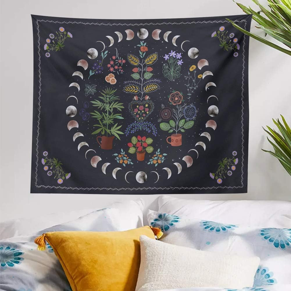 Botanical Moon Phase Wall Hanging - Floral Plants Boho Mandala Wall Tapestry for Bedroom Aesthetic Home Dorm