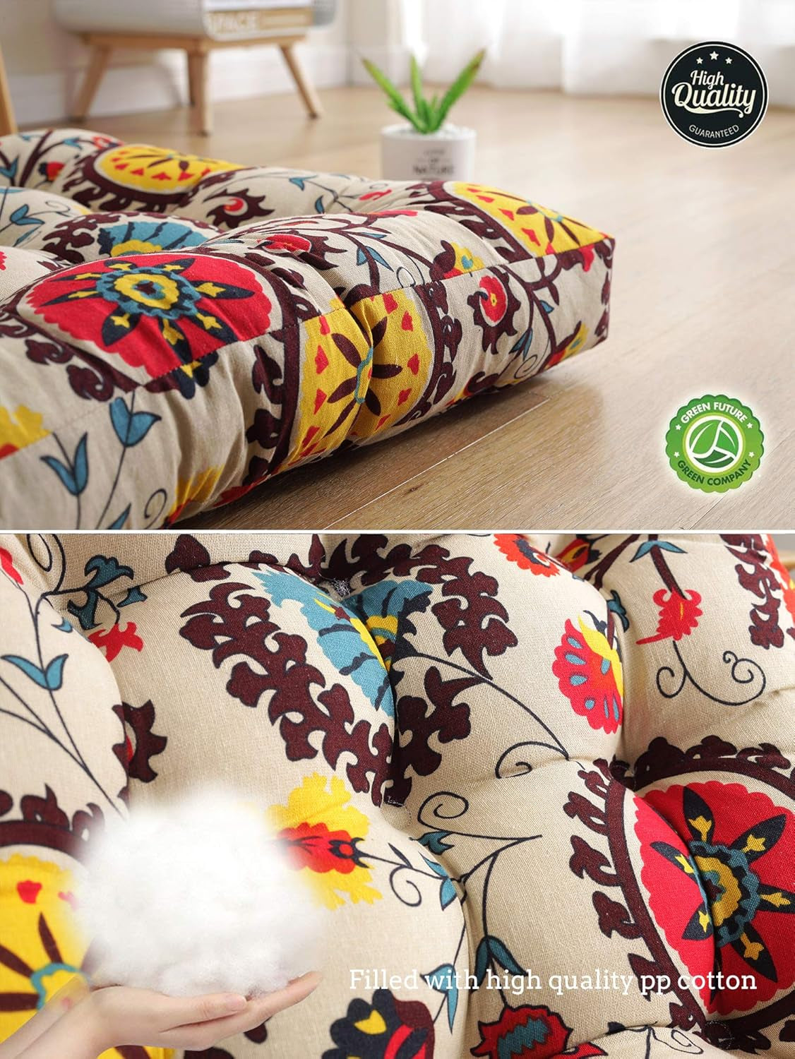Boho Square Floor Seat Pillows Cushions 22" X 22", Soft Cotton Linen Bohemian Yoga Mandala Meditation Pouf Tatami Floor Pillow Cushion for Living Room Adults & Kids Casual Reading Nooks,Flowers Beige
