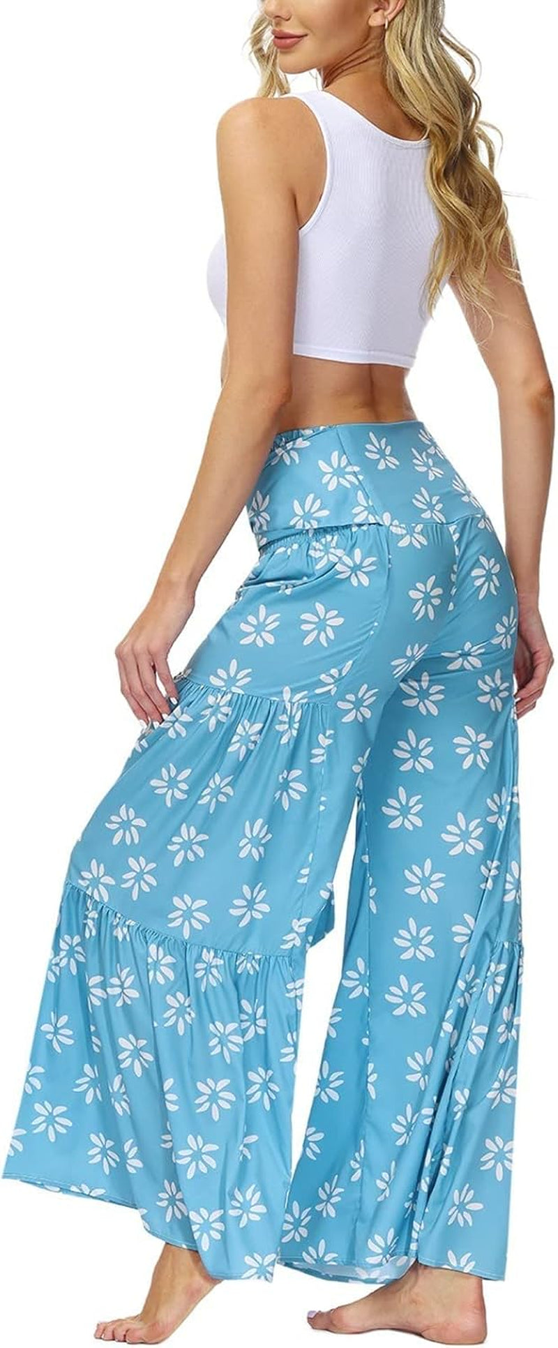 High Waist Wide Leg Pant for Women Summer Casual Boho Floral Beach Pants Bohemian Belted Trousers