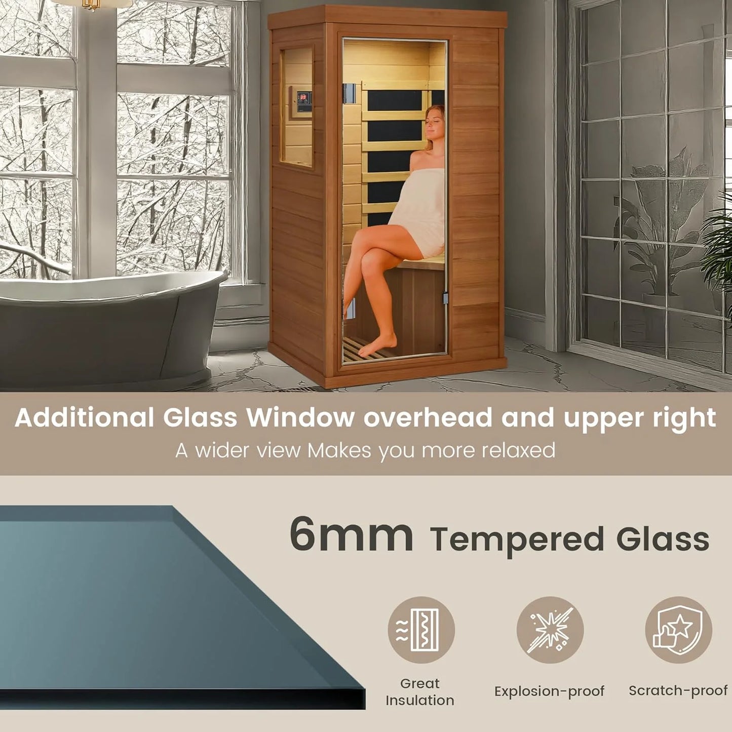 Single Infrared Full Spectrum Sauna, Indoor Wooden Dry Sauna, with 4 Heater Panels, Bluetooth and Tempered Glass