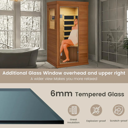 Single Infrared Full Spectrum Sauna, Indoor Wooden Dry Sauna, with 4 Heater Panels, Bluetooth and Tempered Glass