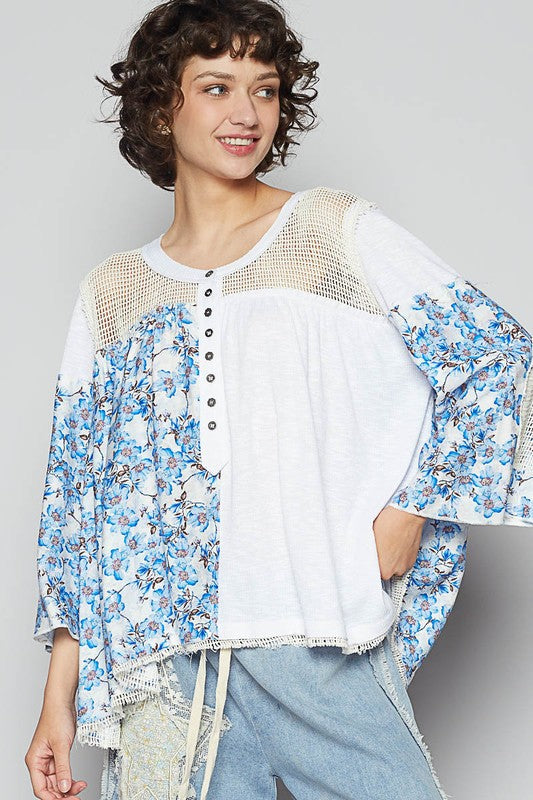 POL Clothing Washed Floral Print Crochet Detail Top