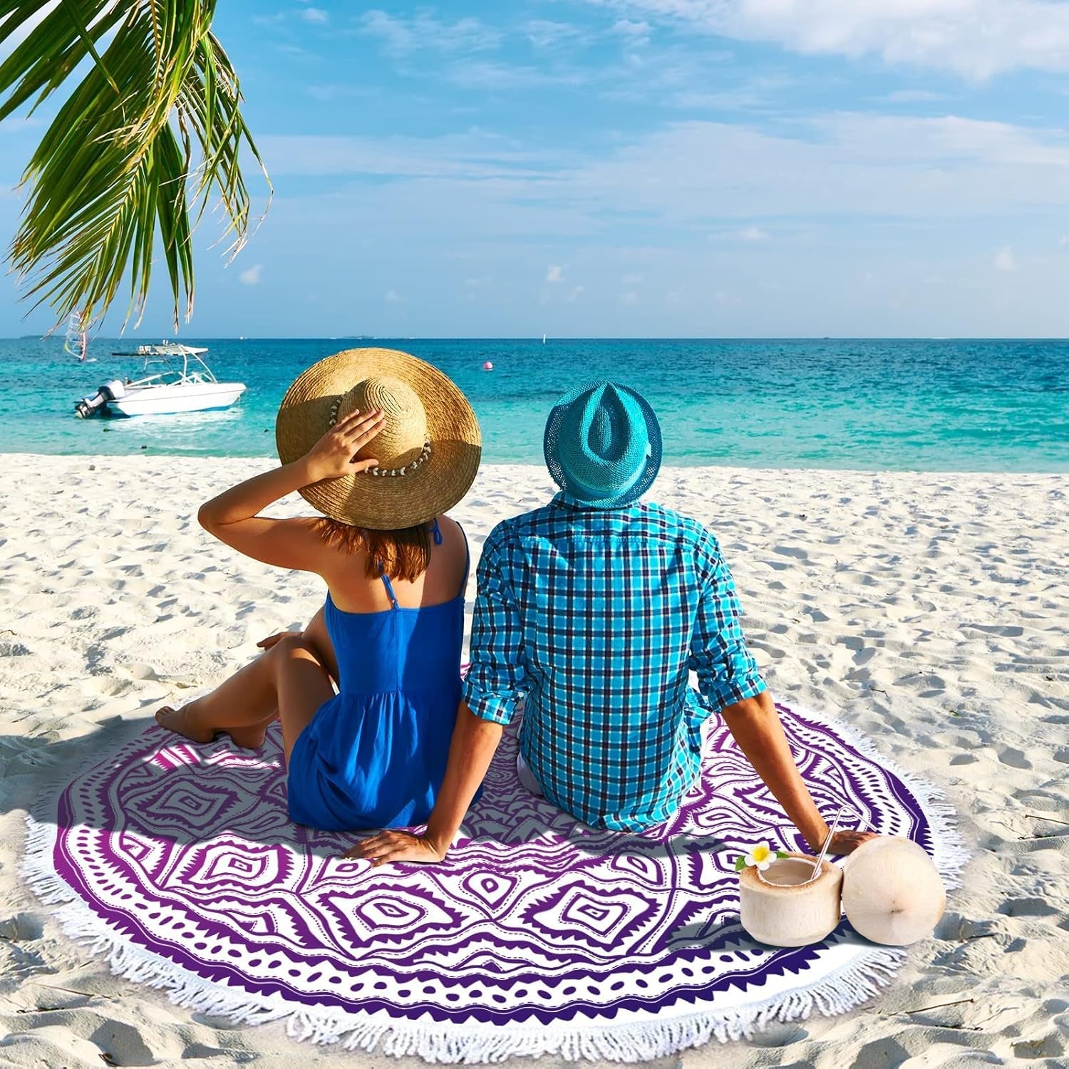 Round Beach Towels 59 Inch Oversized for Adults Women Microfiber Boho Aesthetic Mandala Fast Quick Drying Absorbent Blanket Sand Free/Proof for Pool Travel Camping Outdoor with Fringe Tassels,Purple