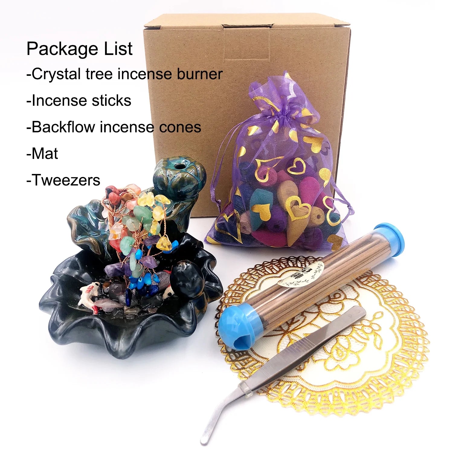 Crystal Waterfall Incense Burner Set with Backflow Incense Cones, Joss Sticks, Mat, Tweezers