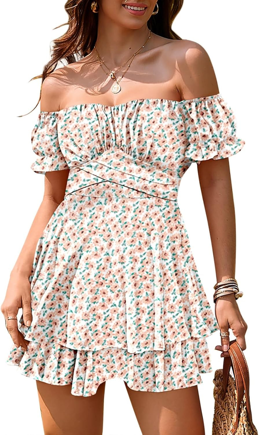 Women Boho off Shoulder Romper Floral Print Tie Back Ruffle Hem Chiffon Short Jumpsuit