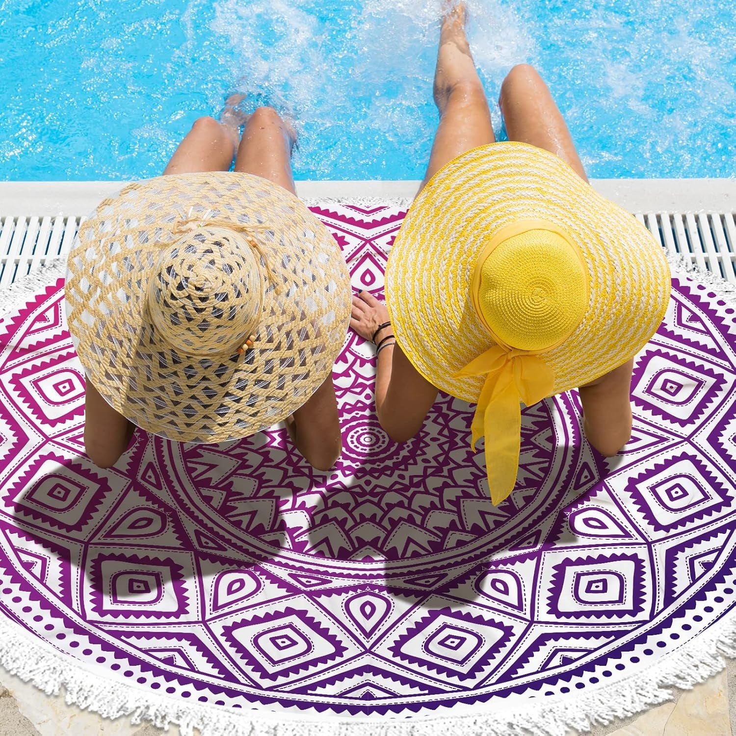 Round Beach Towels 59 Inch Oversized for Adults Women Microfiber Boho Aesthetic Mandala Fast Quick Drying Absorbent Blanket Sand Free/Proof for Pool Travel Camping Outdoor with Fringe Tassels,Purple