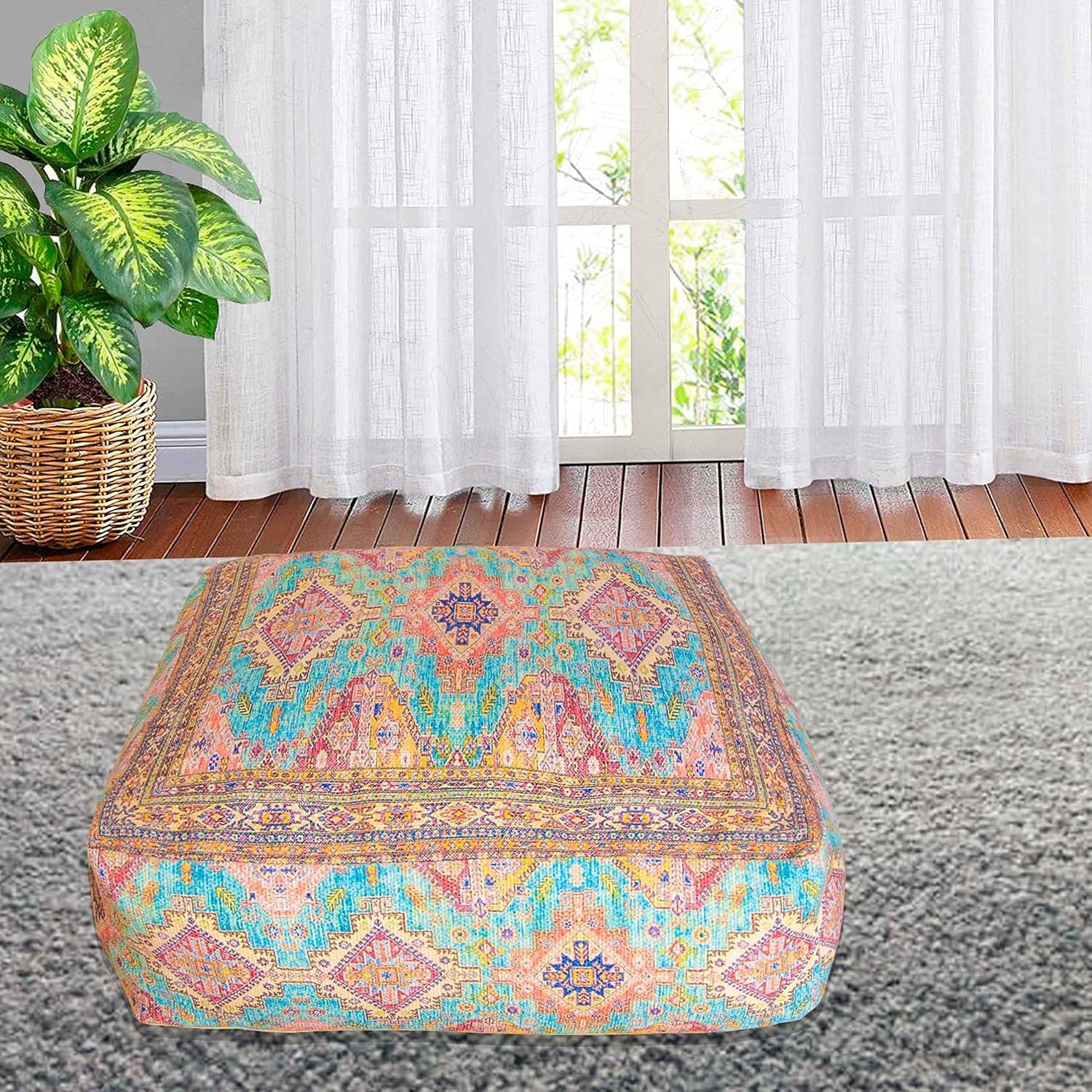 Boho Chic Outdoor Floor Cushion Cover - 24X8 Inches - Square Pillow Case for Garden Party, Pool, Balcony, Patio and More
