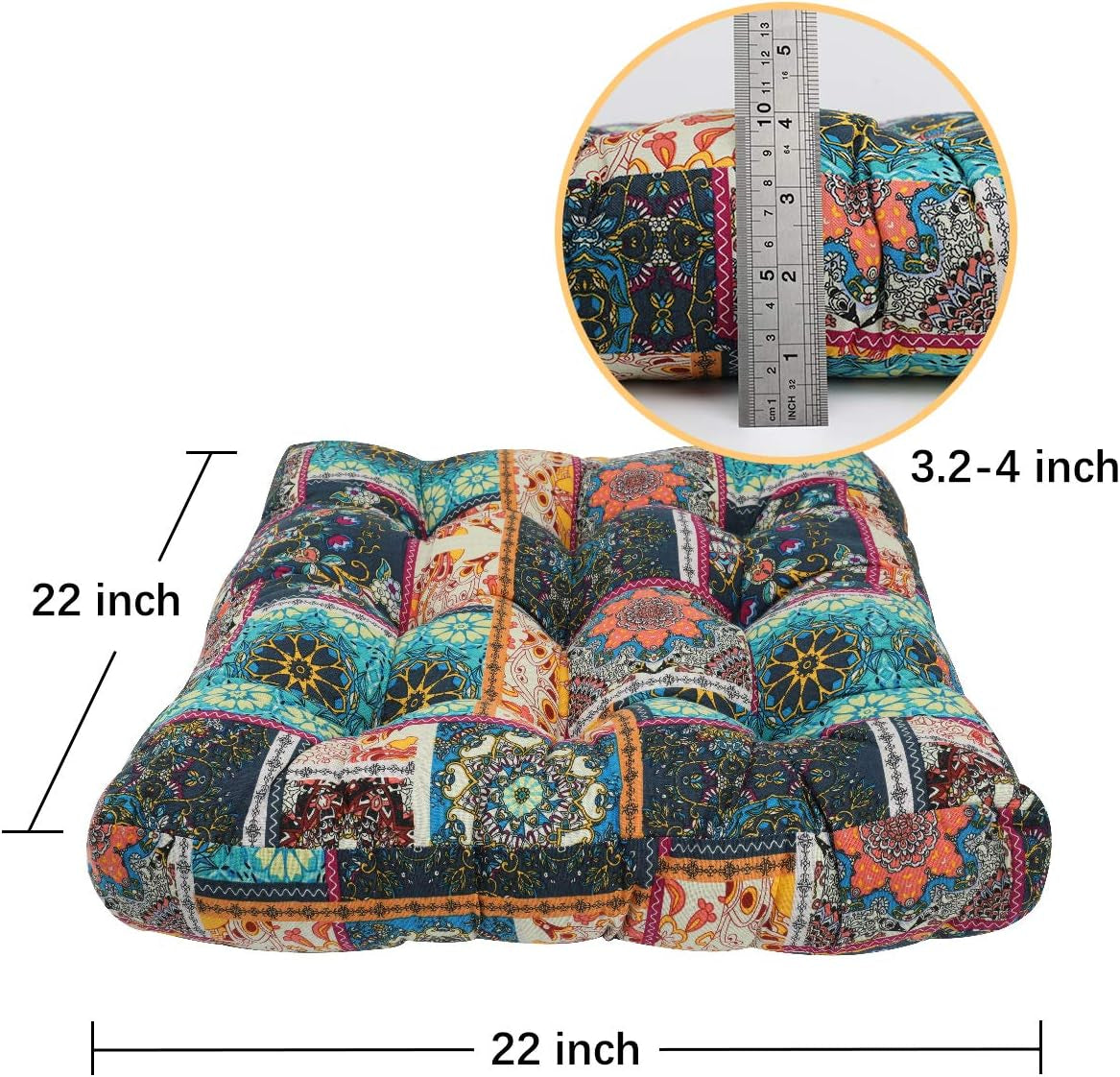 Bohemian Floor Pillow Futon Seating Floor Mat Thicken Chair Pad Patchwork Style Meditation Floor Pillow for Kids Reading Nook, 22 Inch