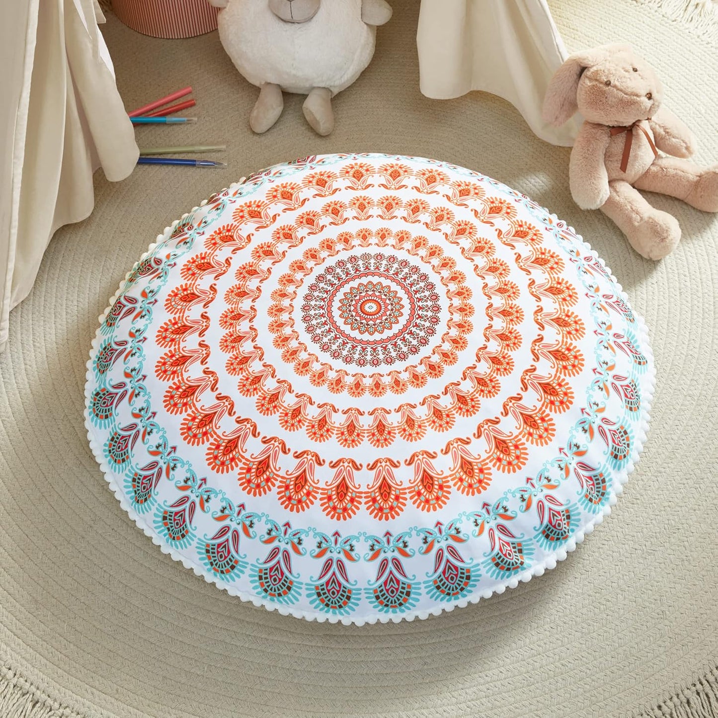 Boho Large round Floor Pillow, Oversized Mandala Meditation Pillows for Adults, Cozy Big Seating Cushion for Kids Teepee Reading Nook Playroom, Insert with Cover, Coral, 32 Inch Diameter